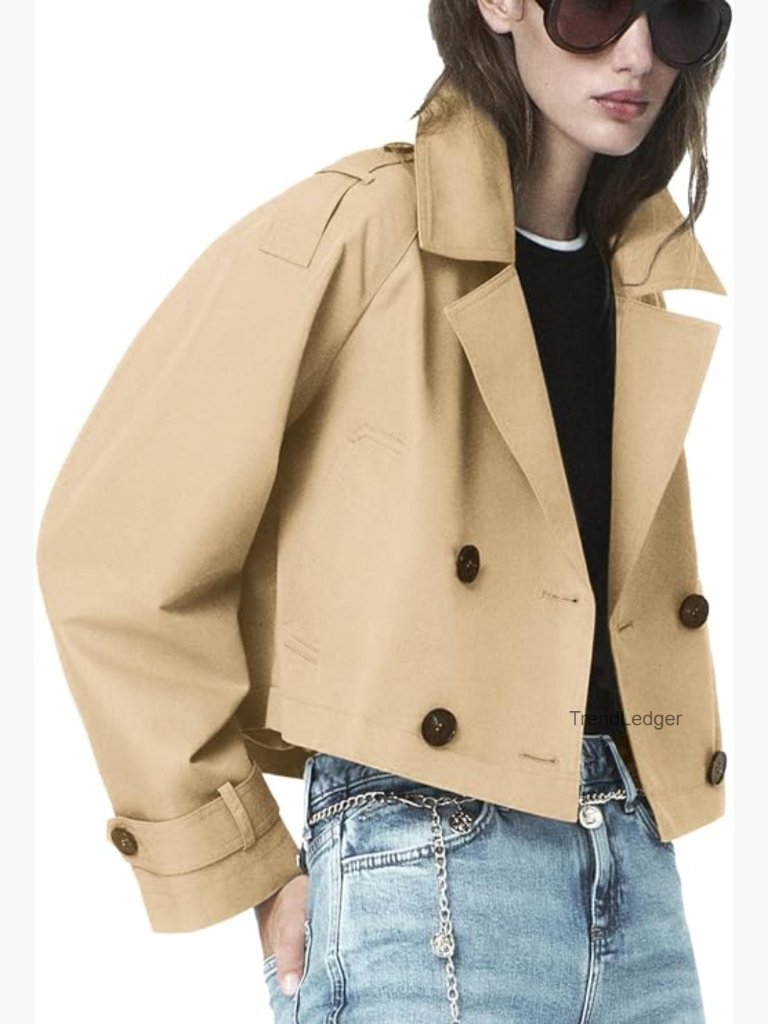 Cropped Double Breasted Trench Coat Long Sleeve Windproof Jacket